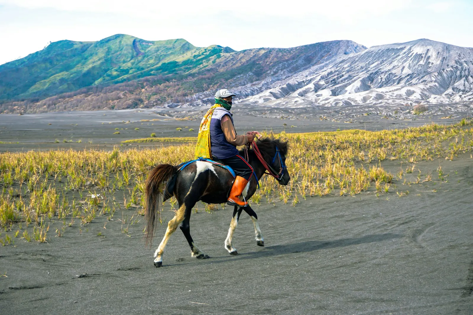 A Tengger horseman riding across the sea of sand and savanna grass