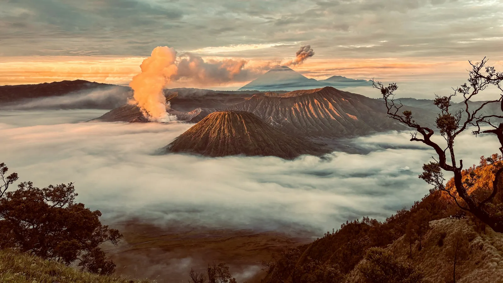 Mount Bromo venting above a sea of cloud at sunrise, seen from King Kong Hill