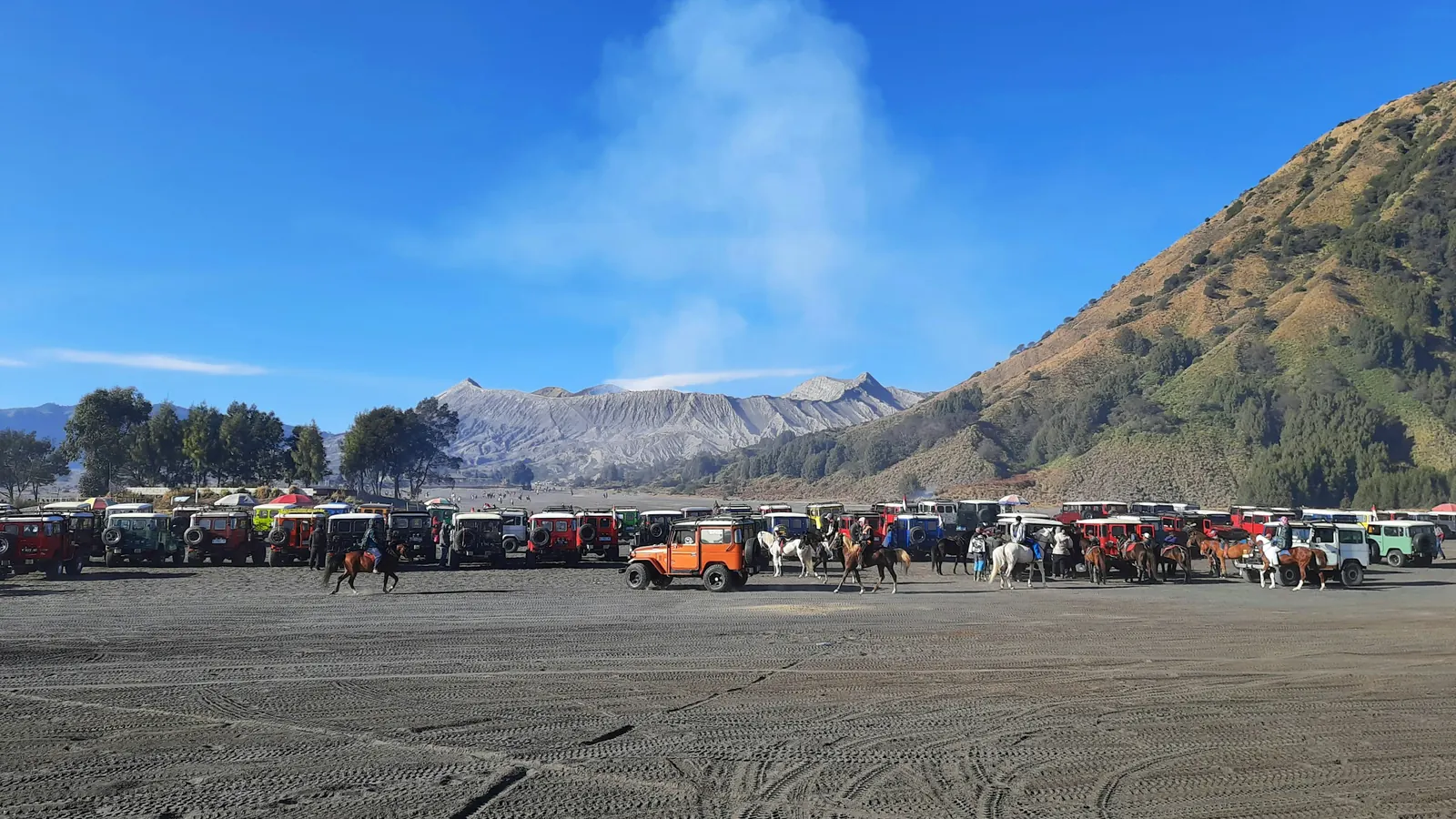 Rows of 4x4 jeeps and horses parked on the Bromo sea of sand below Mount Batok
